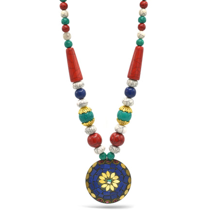 MULTI-COLOR BEAD GOLD ROUND PENDANT NECKLACE#FWNK-2109-72