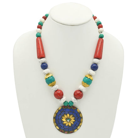 MULTI-COLOR BEAD GOLD ROUND PENDANT NECKLACE#FWNK-2109-72