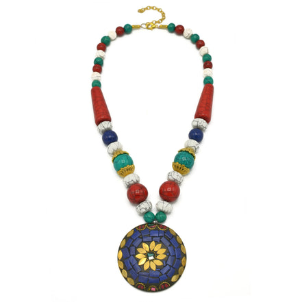 MULTI-COLOR BEAD GOLD ROUND PENDANT NECKLACE#FWNK-2109-72