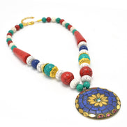 MULTI-COLOR BEAD GOLD ROUND PENDANT NECKLACE#FWNK-2109-72