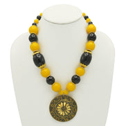 BLACK & AMBER BEADS WITH ROUND GOLD PENDANT NECKLACE # FWNK-2109-73