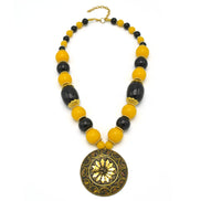 BLACK & AMBER BEADS WITH ROUND GOLD PENDANT NECKLACE # FWNK-2109-73