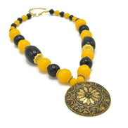 BLACK & AMBER BEADS WITH ROUND GOLD PENDANT NECKLACE # FWNK-2109-73