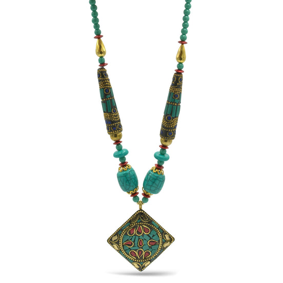 GOLD AND TURQUOISE BEADS SQUARE PENDANT NECKLACE # FWNK-2109-77