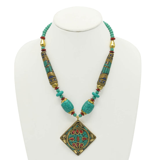 GOLD AND TURQUOISE BEADS SQUARE PENDANT NECKLACE # FWNK-2109-77