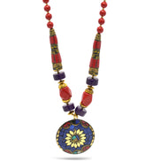 CORAL & PURPLE  BEAD MULTI-COLOR GOLD ROUND PENDANT NECKLACE# FWNK-2109-78