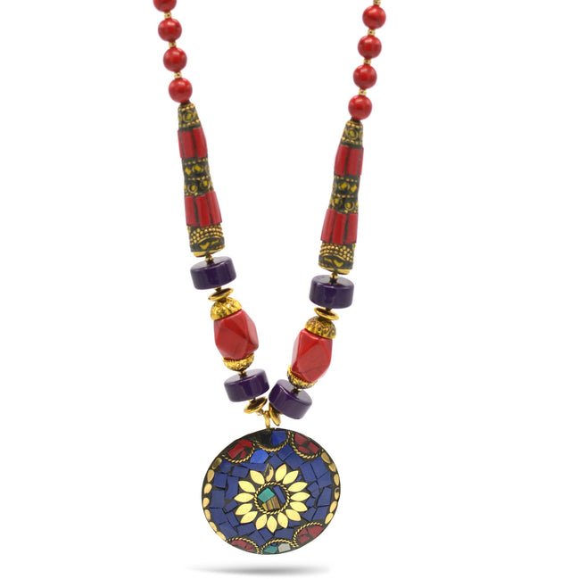 CORAL & PURPLE  BEAD MULTI-COLOR GOLD ROUND PENDANT NECKLACE# FWNK-2109-78