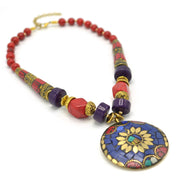 CORAL & PURPLE  BEAD MULTI-COLOR GOLD ROUND PENDANT NECKLACE# FWNK-2109-78