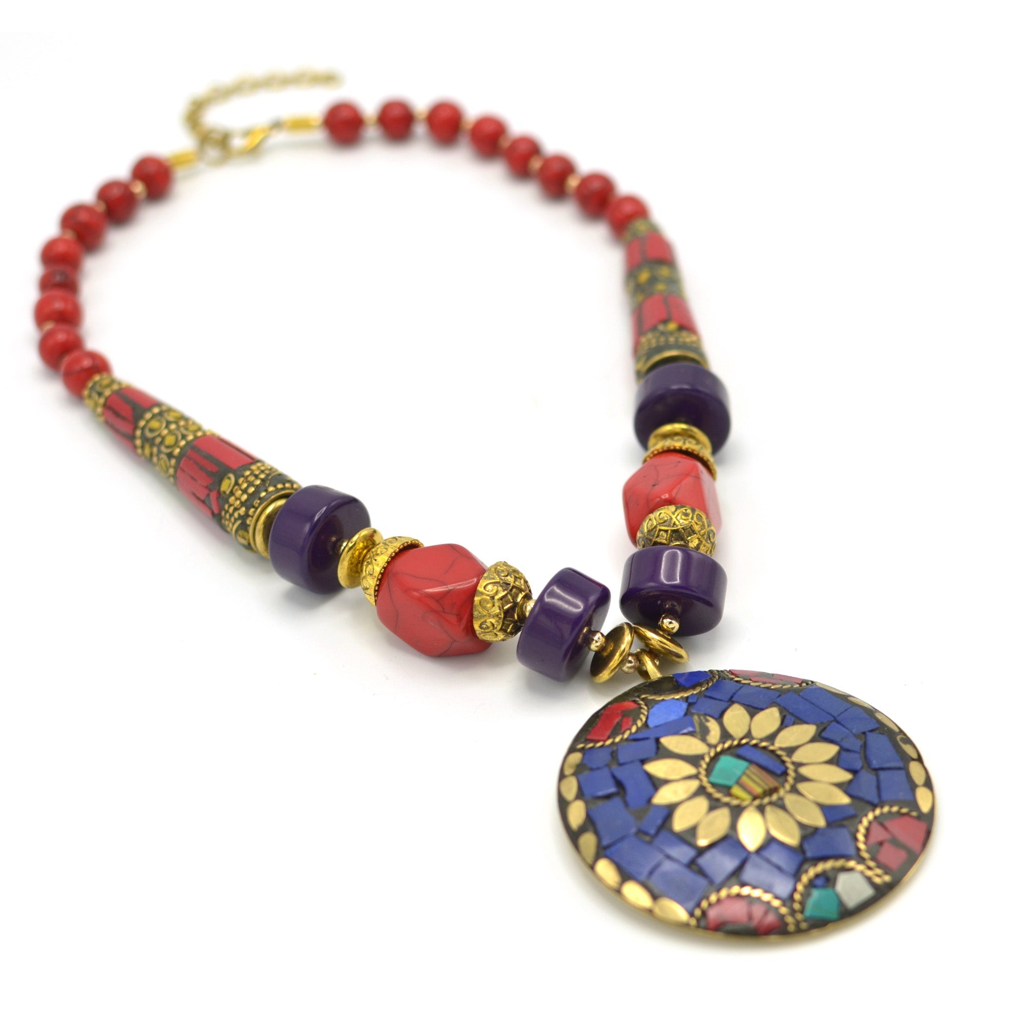 CORAL & PURPLE  BEAD MULTI-COLOR GOLD ROUND PENDANT NECKLACE# FWNK-2109-78