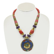 CORAL & PURPLE  BEAD MULTI-COLOR GOLD ROUND PENDANT NECKLACE# FWNK-2109-78
