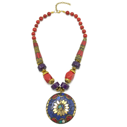 CORAL & PURPLE  BEAD MULTI-COLOR GOLD ROUND PENDANT NECKLACE# FWNK-2109-78
