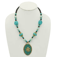 TURQUOISE AND BLACK BEADS WITH GOLD OVAL PENDANT NECKLACE# FWNK-2109-82