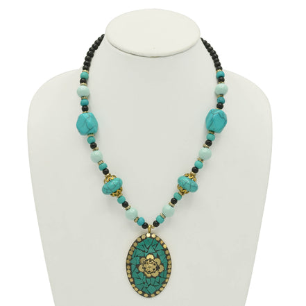TURQUOISE AND BLACK BEADS WITH GOLD OVAL PENDANT NECKLACE# FWNK-2109-82
