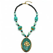 TURQUOISE AND BLACK BEADS WITH GOLD OVAL PENDANT NECKLACE# FWNK-2109-82