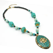 TURQUOISE AND BLACK BEADS WITH GOLD OVAL PENDANT NECKLACE# FWNK-2109-82
