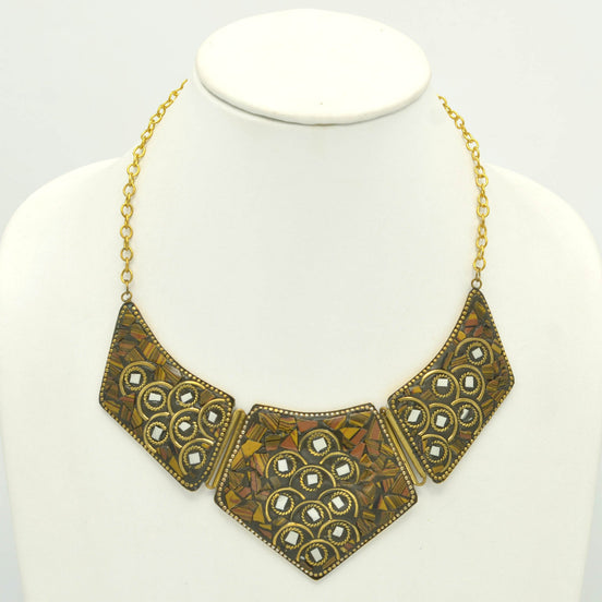 GOLD BROWN AND WHITE BIB NECKLACE AND EARRINGS SET # FWNK-2107-15