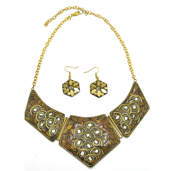 GOLD BROWN AND WHITE BIB NECKLACE AND EARRINGS SET # FWNK-2107-15