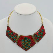 GOLD CORAL AND TURQUOISE BIB NECKLACE AND EARRINGS SET # FWNK-2109-84