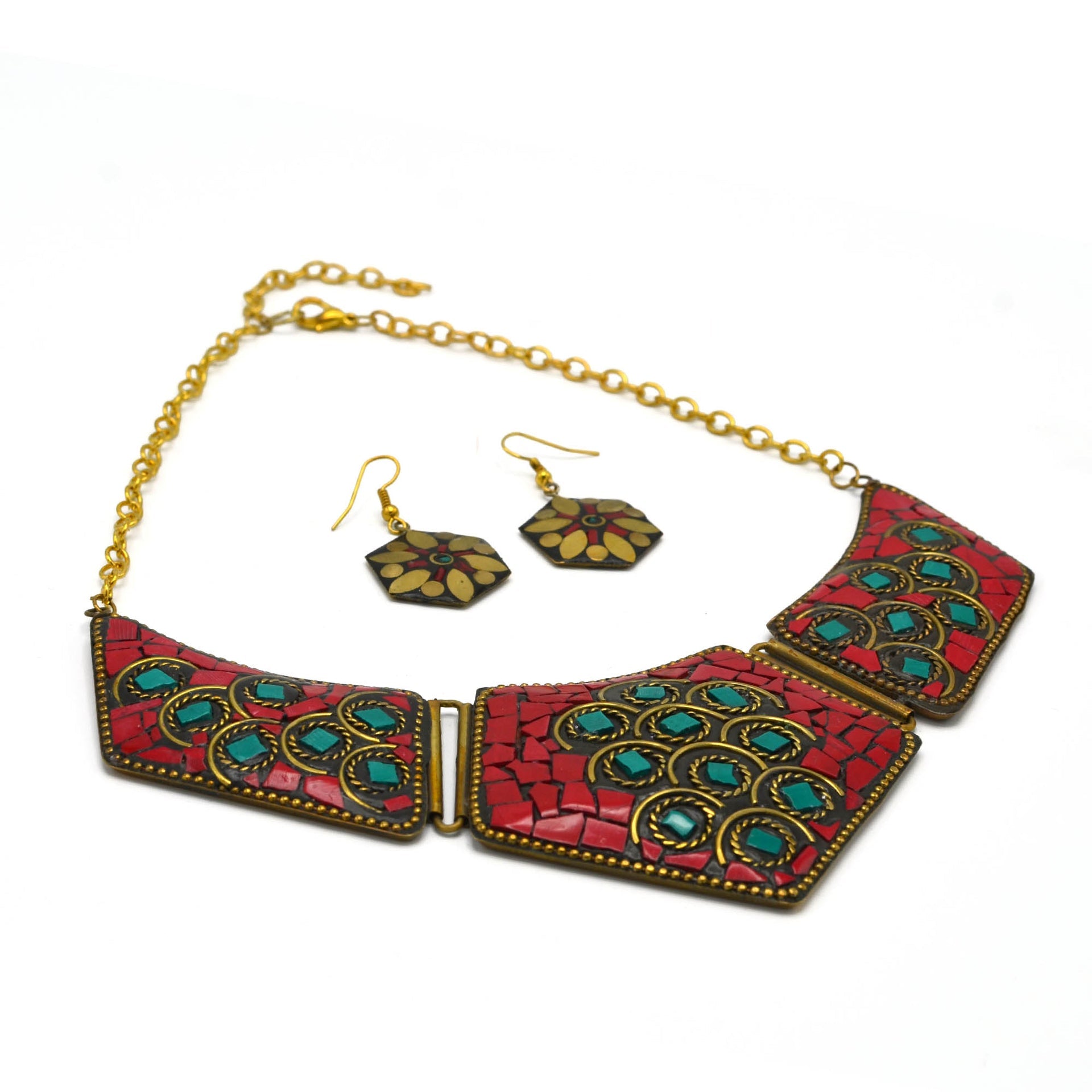 GOLD CORAL AND TURQUOISE BIB NECKLACE AND EARRINGS SET # FWNK-2109-84