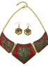GOLD CORAL AND TURQUOISE BIB NECKLACE AND EARRINGS SET # FWNK-2109-84
