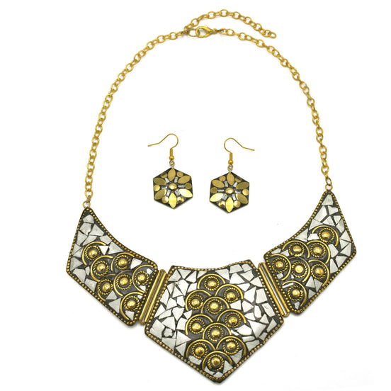 GOLD AND WHITE BIB NECKLACE AND EARRINGS SET # FWNK-2109-85