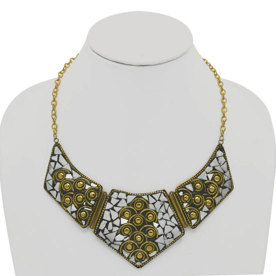GOLD AND WHITE BIB NECKLACE AND EARRINGS SET # FWNK-2109-85