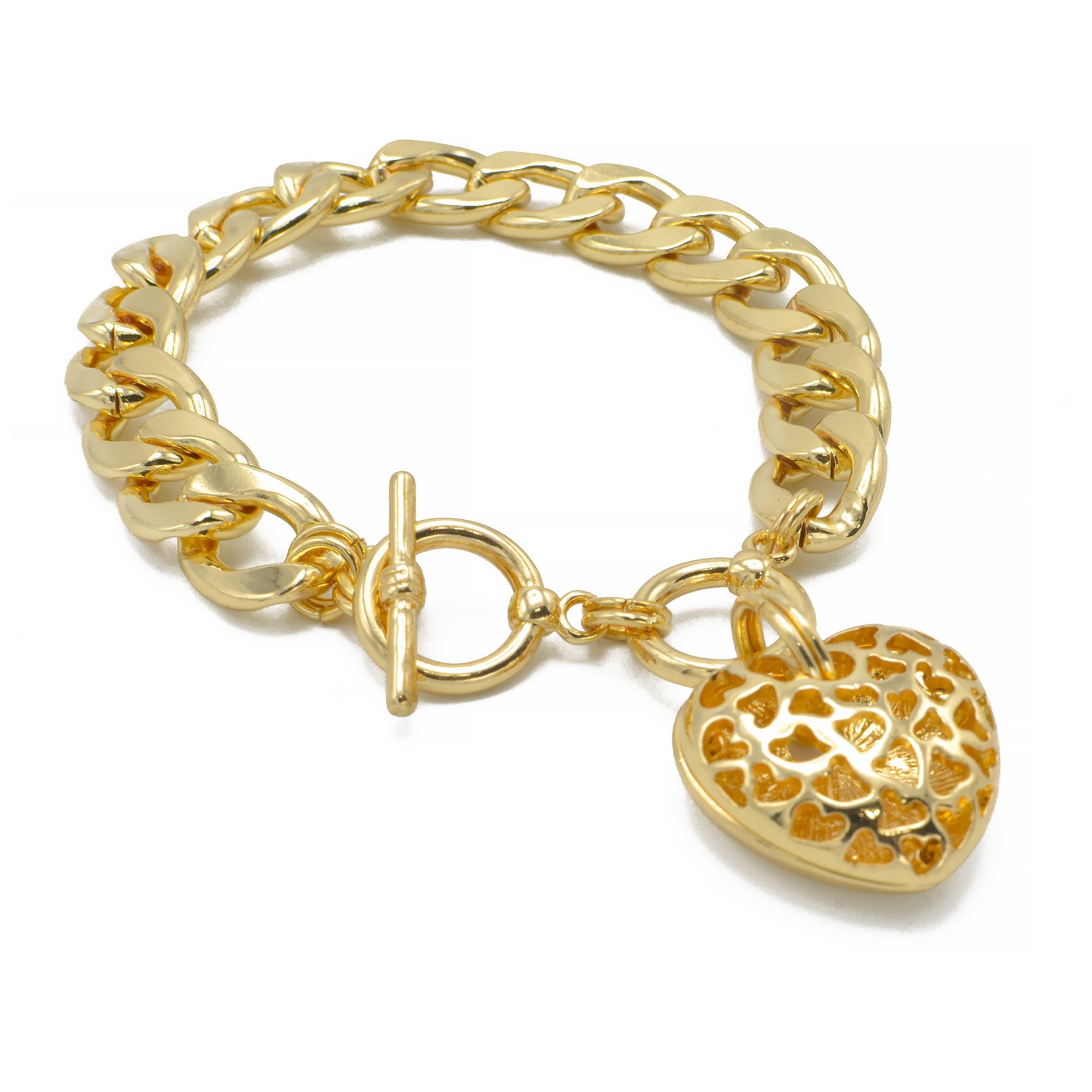 GOLD HEART CHARM  CUBAN CHAIN BRACELET #HNB90675GD