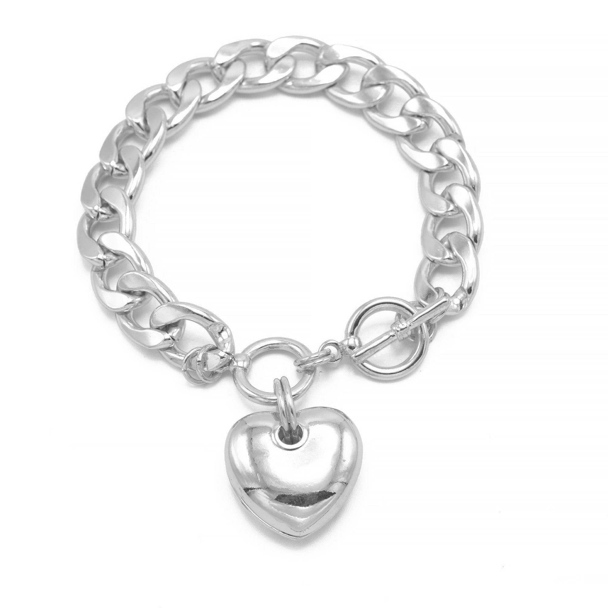 RHODIUM HEART CHARM  CUBAN CHAIN BRACELET #HNB90675RD