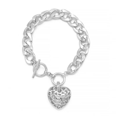 RHODIUM HEART CHARM  CUBAN CHAIN BRACELET #HNB90675RD