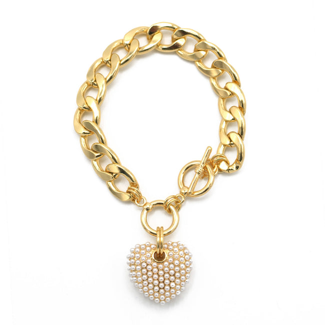 Cream Pearl Gold Heart Charm  Cuban Chain Bracelet #HNB90657GDCM(LA9/IA15)