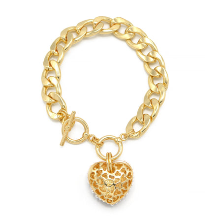 Cream Pearl Gold Heart Charm  Cuban Chain Bracelet #HNB90657GDCM(LA9/IA15)