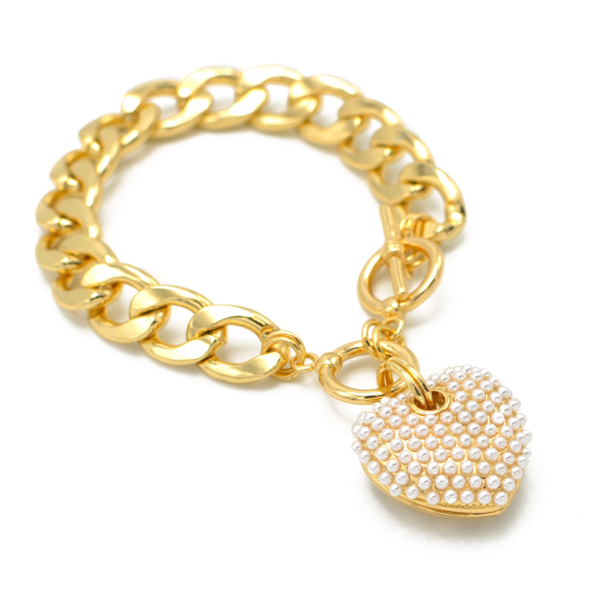Cream Pearl Gold Heart Charm  Cuban Chain Bracelet #HNB90657GDCM(LA9/IA15)