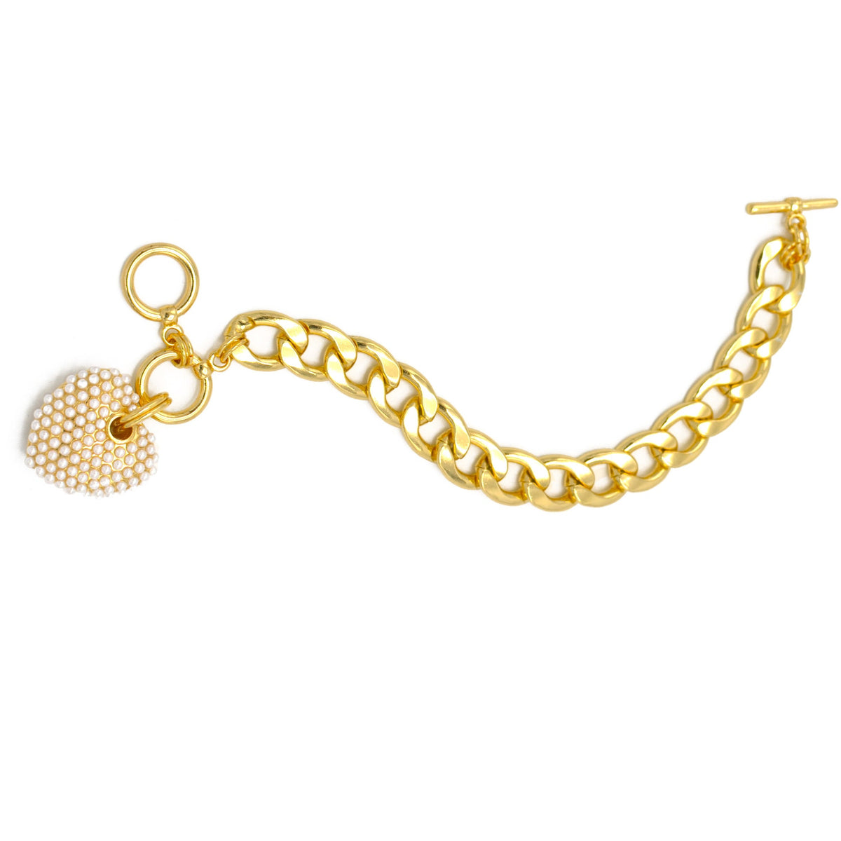 Cream Pearl Gold Heart Charm  Cuban Chain Bracelet #HNB90657GDCM(LA9/IA15/LD11)