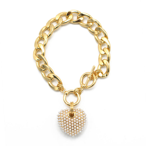 Cream Pearl Gold Heart Charm  Cuban Chain Bracelet #HNB90657GDCM(LA9/IA15)