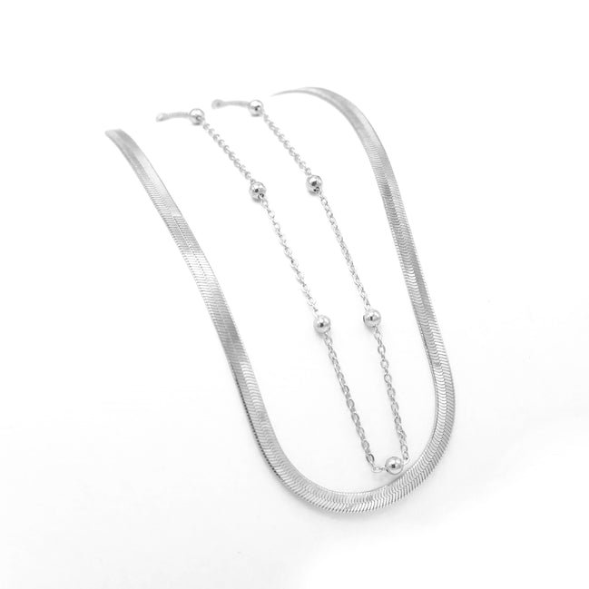 RHODIUM DOUBLE ROW SNAKE CHAIN CHOKER NECKLACE #HNN90673RD(LD14)