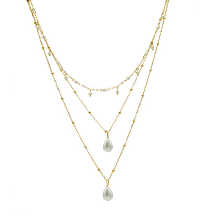 GOLD AND CREAM PEARL 3 ROW LAYER NECKLACE #HNN90668GD(RF13)