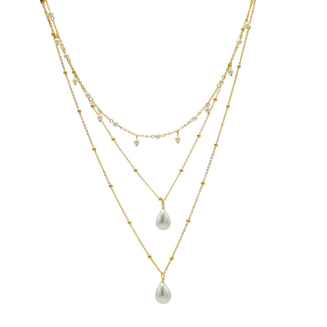 GOLD AND CREAM PEARL 3 ROW LAYER NECKLACE #HNN90668GD(RF13)