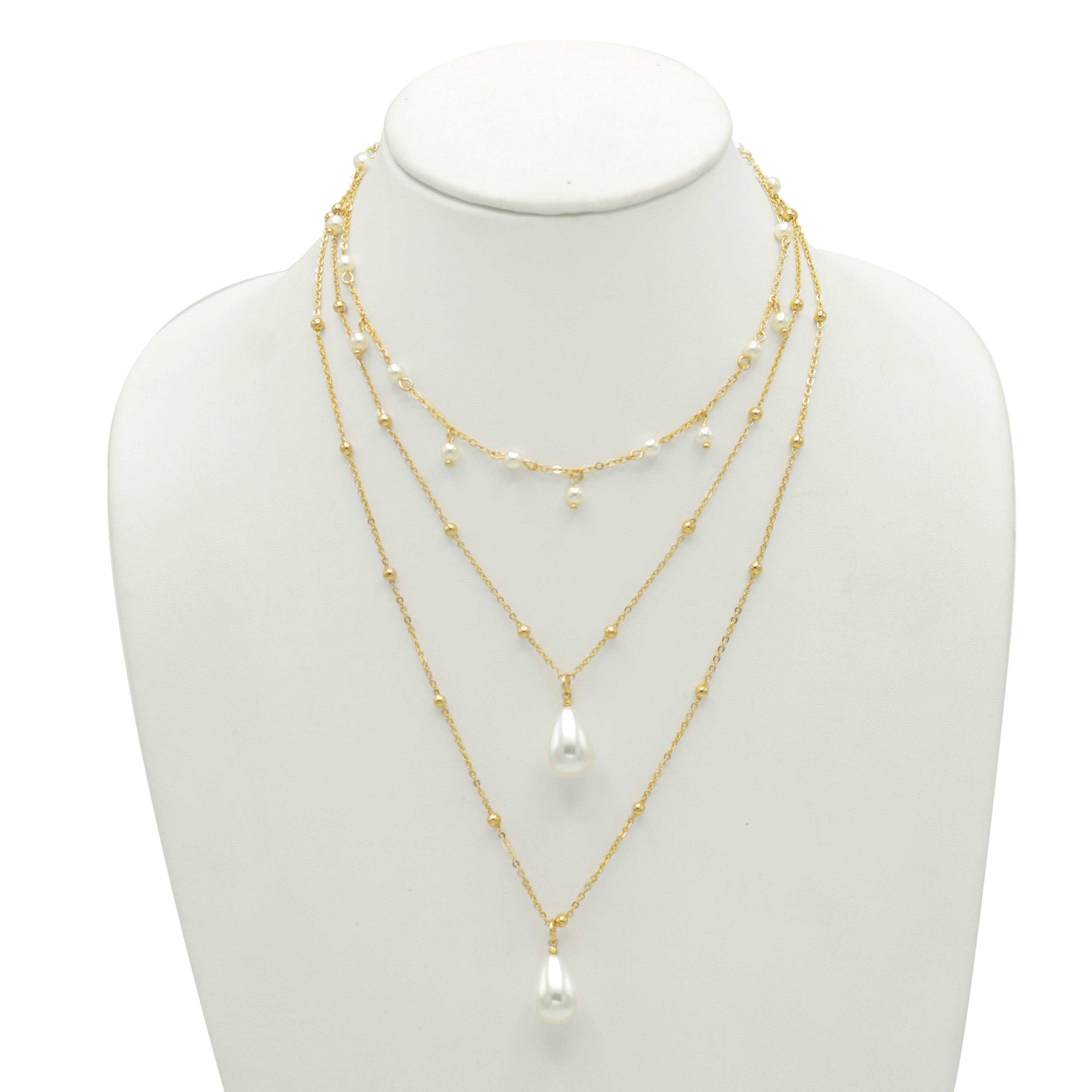 GOLD AND CREAM PEARL 3 ROW LAYER NECKLACE #HNN90668GD(RF13)