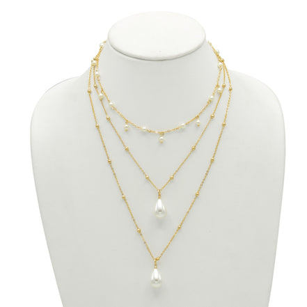 GOLD AND CREAM PEARL 3 ROW LAYER NECKLACE #HNN90668GD(RF13)