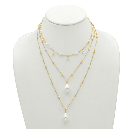 GOLD AND CREAM PEARL 3 ROW LAYER NECKLACE #HNN90668GD(RF13)