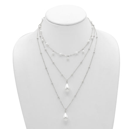RHODIUM AND CREAM PEARL 3 ROW LAYER NECKLACE #HNN90668RD(RG13)