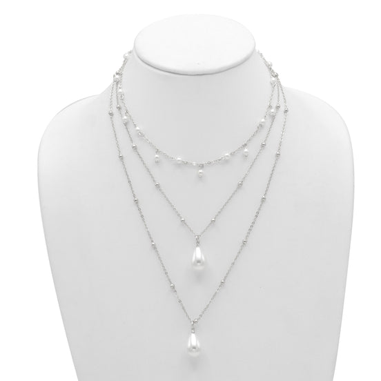 RHODIUM AND CREAM PEARL 3 ROW LAYER NECKLACE #HNN90668RD(RG13)