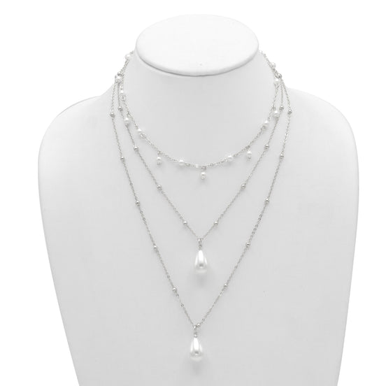 RHODIUM AND CREAM PEARL 3 ROW LAYER NECKLACE #HNN90668RD(RG13)