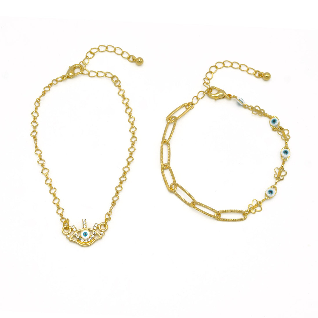 GOLD BLUE AND WHITE DOUBLE ROW EVIL EYE BRACELET #HNB90658GD(LD17/GF5)