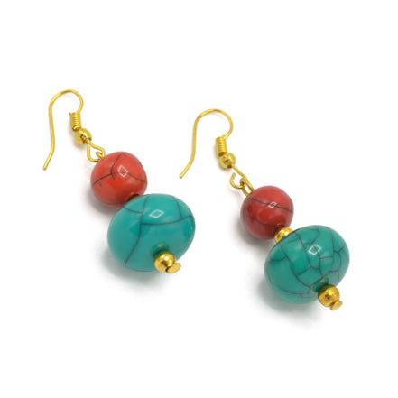 TURQUOISE & CORAL RESIN BEADS DROP EARRINGS #FWNK-2109-72-ER