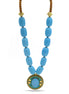 BLUE & BROWN BEADS WITH ROUND GOLD TURQUOISE PENDANT NECKLACE #FWNK-2201-01