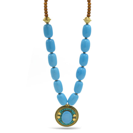 BLUE & BROWN BEADS WITH ROUND GOLD TURQUOISE PENDANT NECKLACE #FWNK-2201-01