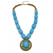 BLUE & BROWN BEADS WITH ROUND GOLD TURQUOISE PENDANT NECKLACE #FWNK-2201-01