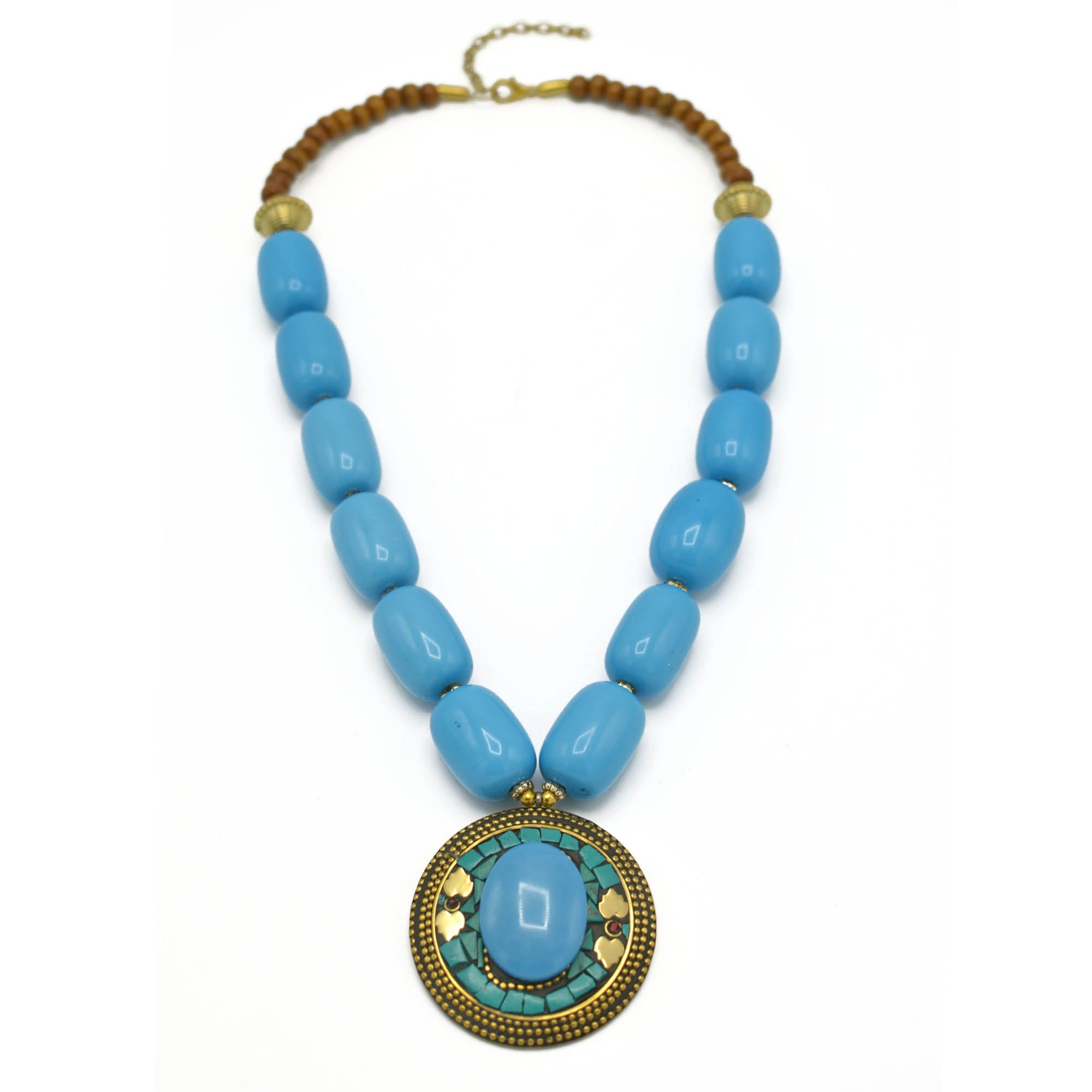 BLUE & BROWN BEADS WITH ROUND GOLD TURQUOISE PENDANT NECKLACE #FWNK-2201-01