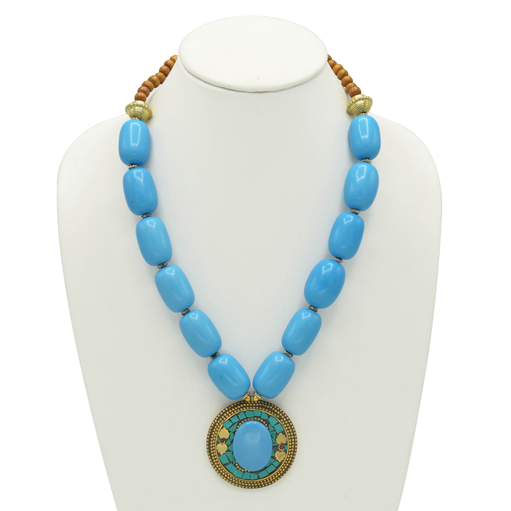 BLUE & BROWN BEADS WITH ROUND GOLD TURQUOISE PENDANT NECKLACE #FWNK-2201-01
